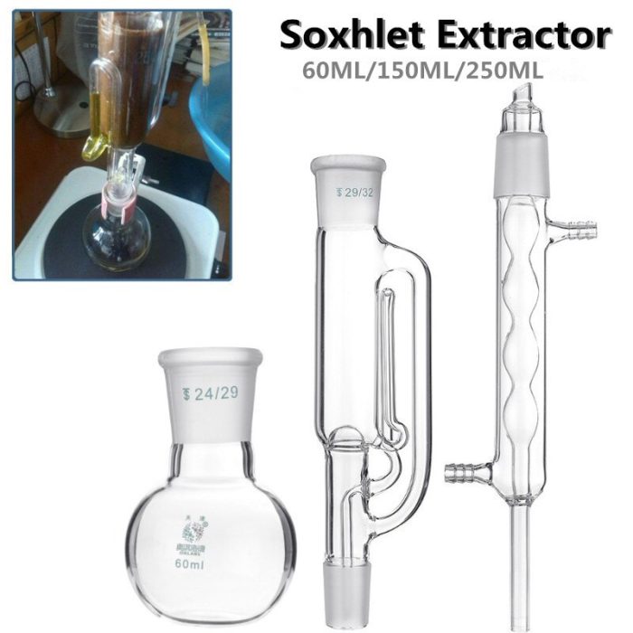 3Pcs Set 60 150 250ml Lab Glass Soxhlet Extractor Condenser Set With Flat Bottom Flask Tube