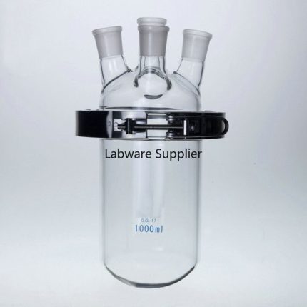 500Ml 1000Ml 2000Ml Grade Medis Boro Glass 4 Leher Kaca Barrel Berbentuk Labu Reaktor Dengan Penjepit