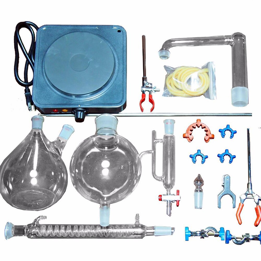 Baru 2000Ml Peralatan Distilasi Uap Minyak Esensial Lab Peralatan Gelas Pembersih Penyuling Air Dengan Kompor Panas 1
