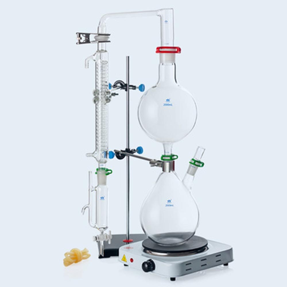 Baru 2000Ml Peralatan Distilasi Uap Minyak Esensial Lab Peralatan Gelas Pembersih Penyuling Air Dengan Kompor Panas 7