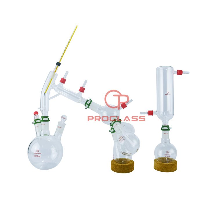 Kit Distilasi Gelas Laboratorium Kimia 1L Jalur Pendek Dengan Kit Perangkap Dingin